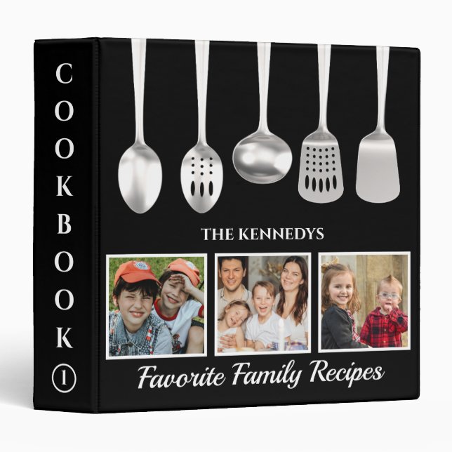 Modern 3 Photo Family Recipe Cookbook Spoons Black 3 Ring Binder (Front/Spine)