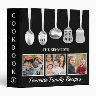 Modern 3 Photo Family Recipe Cookbook Spoons Black Ring Binder