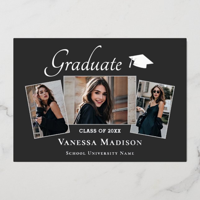 Modern | 3 Photo Foil Graduation Announcement (Front)