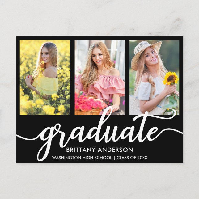 Modern 3 Photo Graduation Announcement BW Postcard (Front)