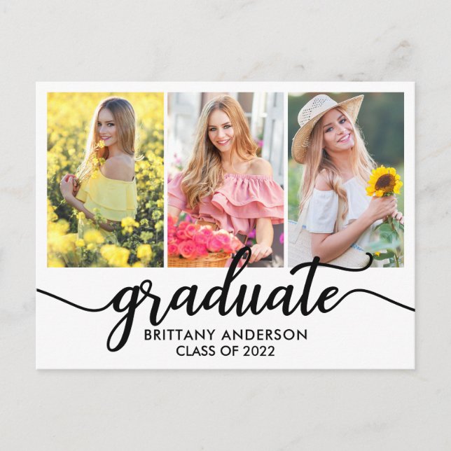 Modern 3 Photo Graduation Announcement Postcard (Front)