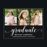 Modern 3 Photo Graduation Announcement Script Postcard<br><div class="desc">Modern 3 Photo Graduation Party Invitation Postcard - White Script (Blank Back)</div>