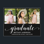 Modern 3 Photo Graduation Announcement Script Postcard<br><div class="desc">Modern 3 Photo Graduation Party Invitation Postcard - White Script (Blank Back)</div>