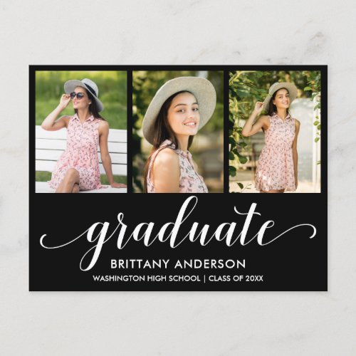 Modern 3 Photo Graduation Announcement Script Postcard