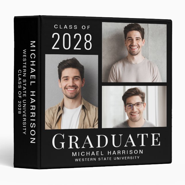 Modern 3 Photo Graduation Black 3 Ring Binder (Front/Spine)