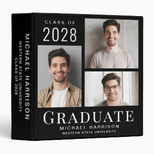 Modern 3 Photo Graduation Black Ring Binder