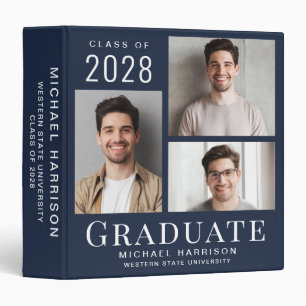 Modern 3 Photo Graduation Blue 3 Ring Binder