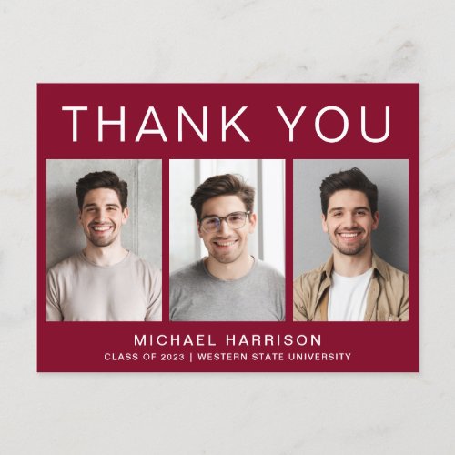 Modern 3 Photo Graduation Burgundy Thank You Postcard