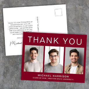 Modern 3 Photo Graduation Burgundy Thank You Postcard