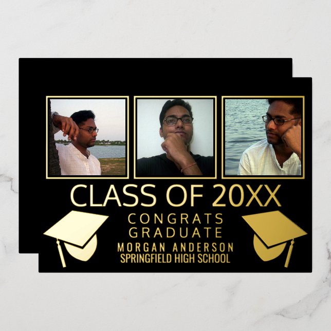 Modern 3 Photo Graduation Caps Black And Gold Foil Invitation (Front/Back)