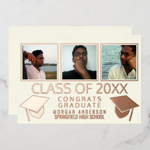 Modern 3 Photo Graduation Caps Ivory Rose Gold Foil Invitation