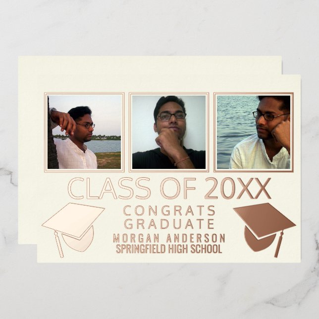 Modern 3 Photo Graduation Caps Ivory Rose Gold Foil Invitation (Front/Back)