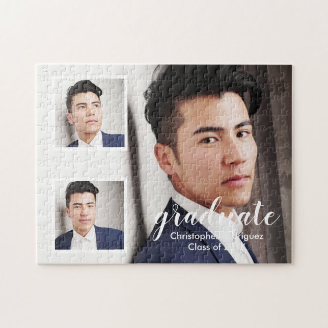 Modern 3 Photo Graduation Jigsaw Puzzle (Horizontal)