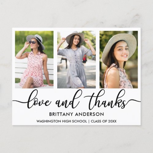 Modern 3 Photo Graduation Love and Thanks W Announcement Postcard