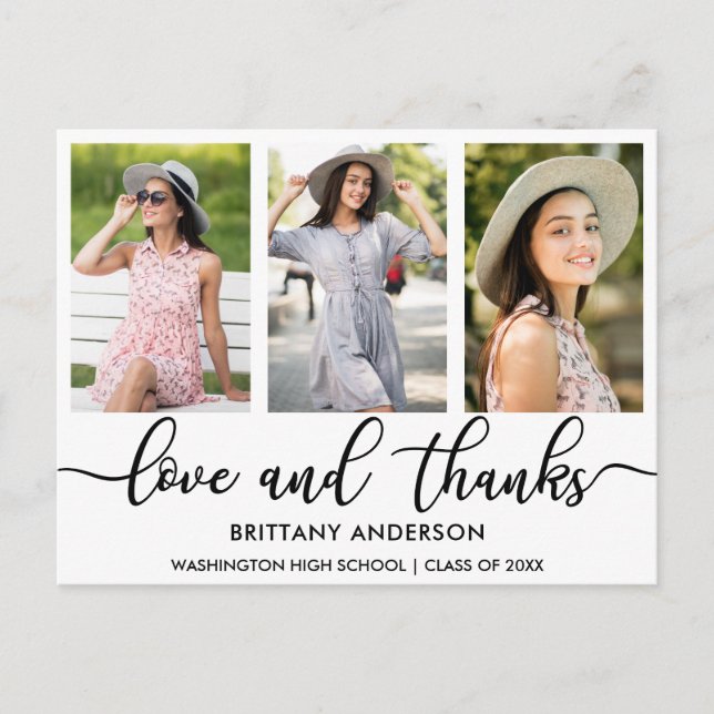 Modern 3 Photo Graduation Love and Thanks W Announcement Postcard (Front)