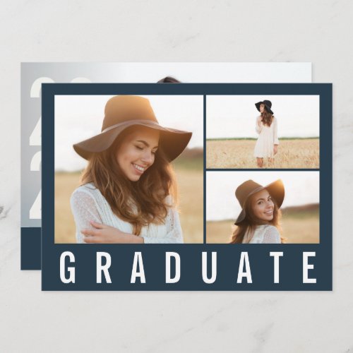 Modern 3 photo graduation navy blue typography announcement