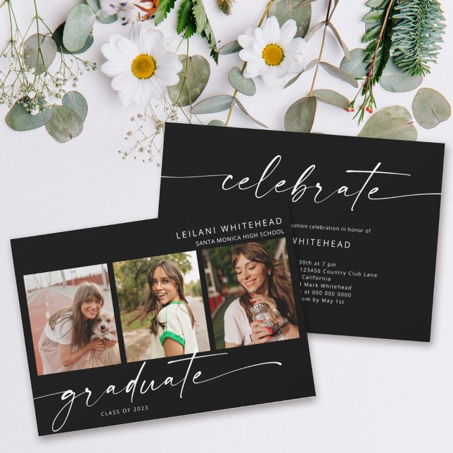 Modern 3 Photo Graduation Party Black Announcement (Creator Uploaded)
