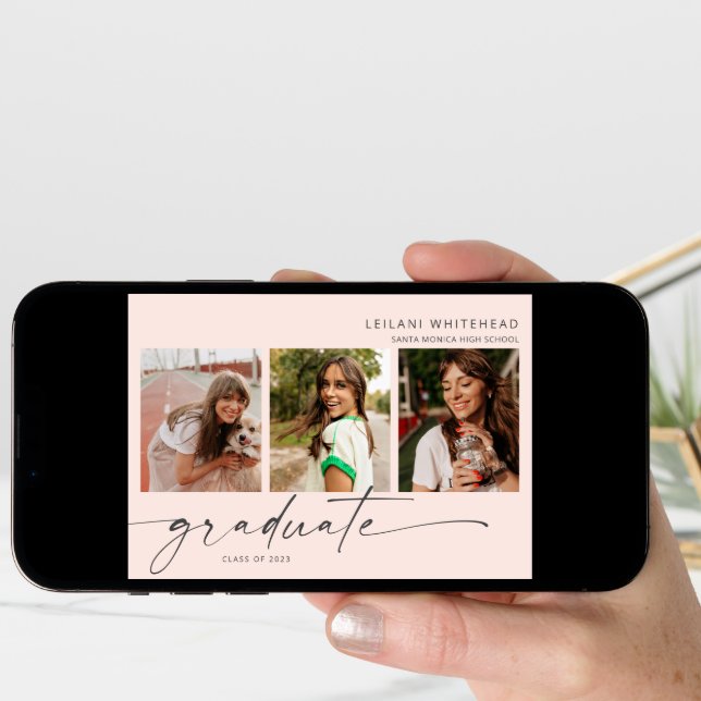 Modern 3 Photo Graduation Party Blush Pink Announcement (Front Digital)