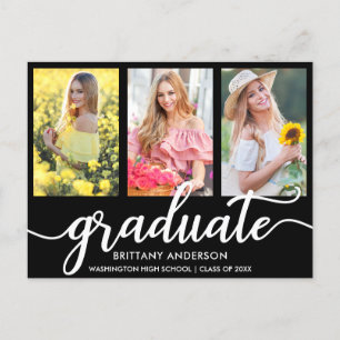 Modern 3 Photo Graduation Party Invitation B Postcard