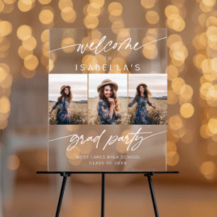 Modern 3 Photo Graduation Party  Welcome Script  Acrylic Sign