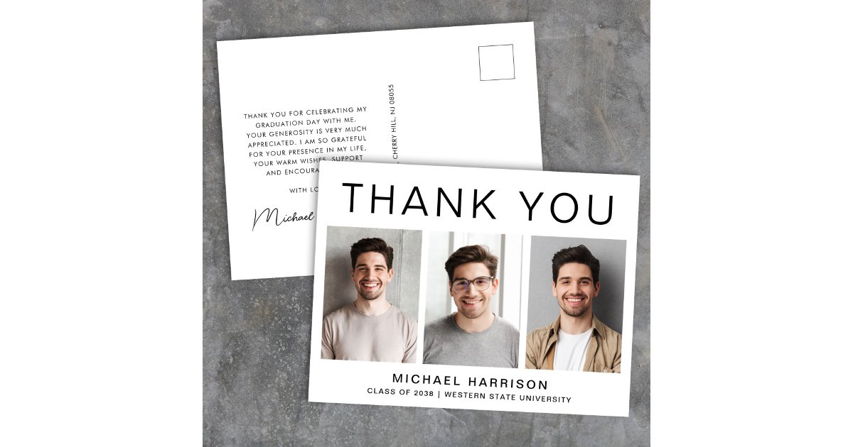 Modern 3 Photo Graduation Thank You Postcard | Zazzle