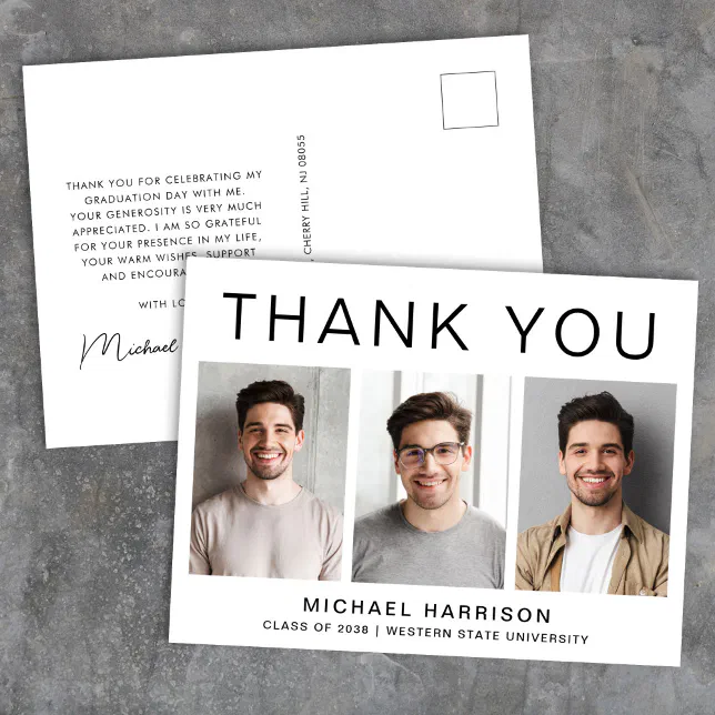 Modern 3 Photo Graduation Thank You Postcard | Zazzle