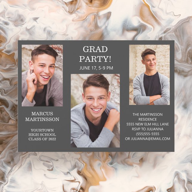 Modern 3 Photo Gray (Editable Color) Graduation In Invitation (Creator Uploaded)