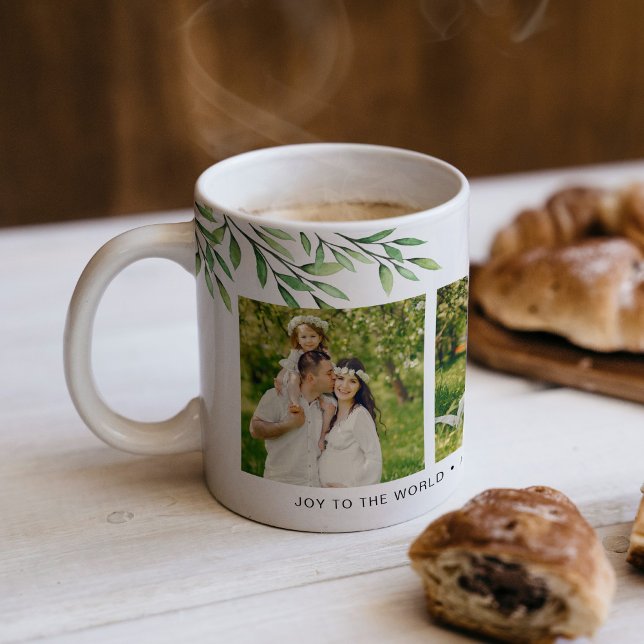 Modern 3 Photo Greenery Coffee Mug (Photo collage with greenery branches with the phrase joy to the world and family names.)