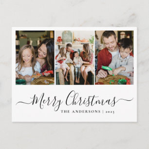 Modern 3 Photo Grid Merry Christmas Family Holiday Postcard