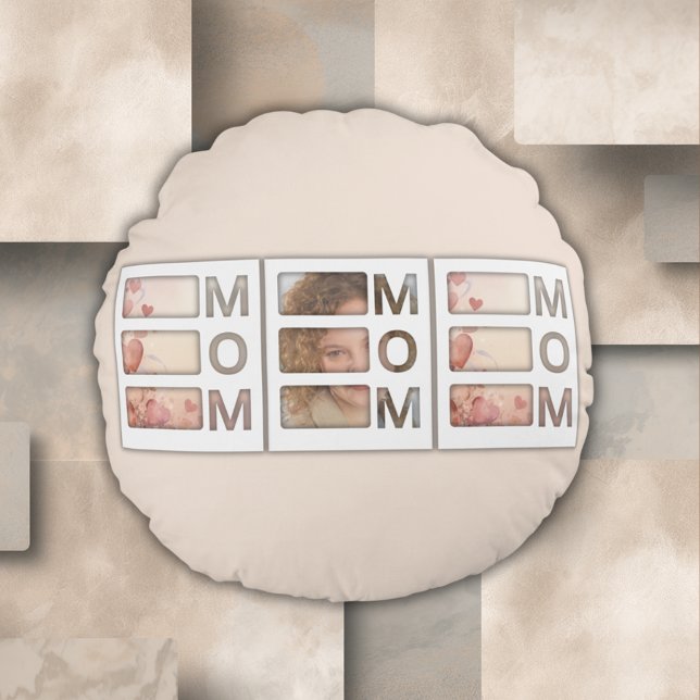 Modern 3 Photo Grid Mom Birthday Keepsake Round Pillow (Creator Uploaded)