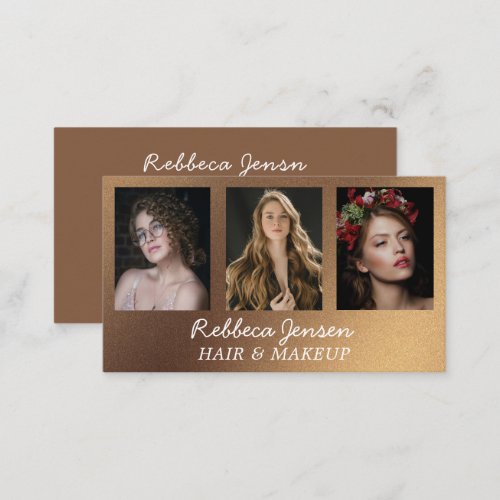 Modern 3 Photo Hair  makeup Black and Gold Business Card