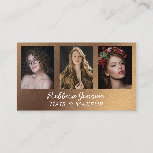 Modern 3 Photo Hair  makeup Black and Gold Business Card