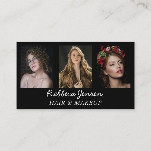 Modern 3 Photo Hair  makeup Black and White  Business Card