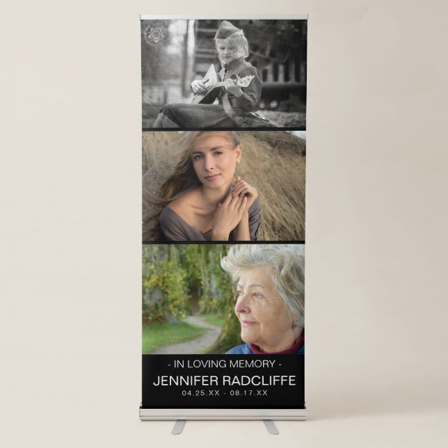 Modern 3 Photo Life Storey In Loving Memory Retractable Banner (Front)