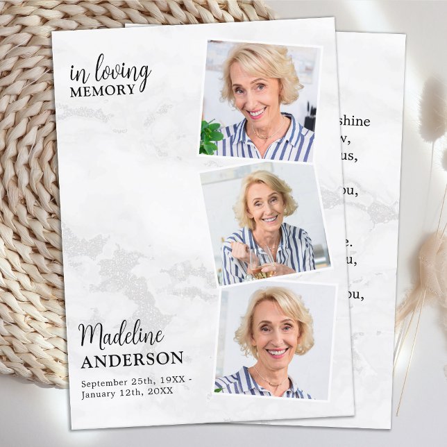 Modern 3 Photo Memorial Funeral Prayer Card Marble (Creator Uploaded)