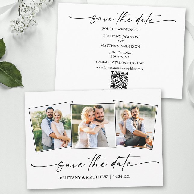 Modern 3 Photo Minimalist Ink Script QR Code Save The Date (Add your wedding website or social media web address to the QR Scan Code.)