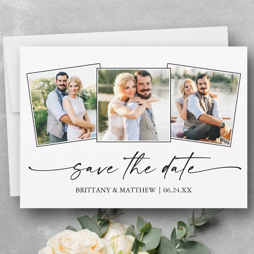 Modern 3 Photo Minimalist Ink Script Save The Date