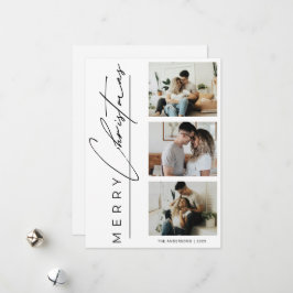 Modern 3 Photo Minimalist Merry Christmas Script Holiday Card