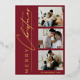 Modern 3 Photo Minimalist Red Christmas Script Foil Holiday Card