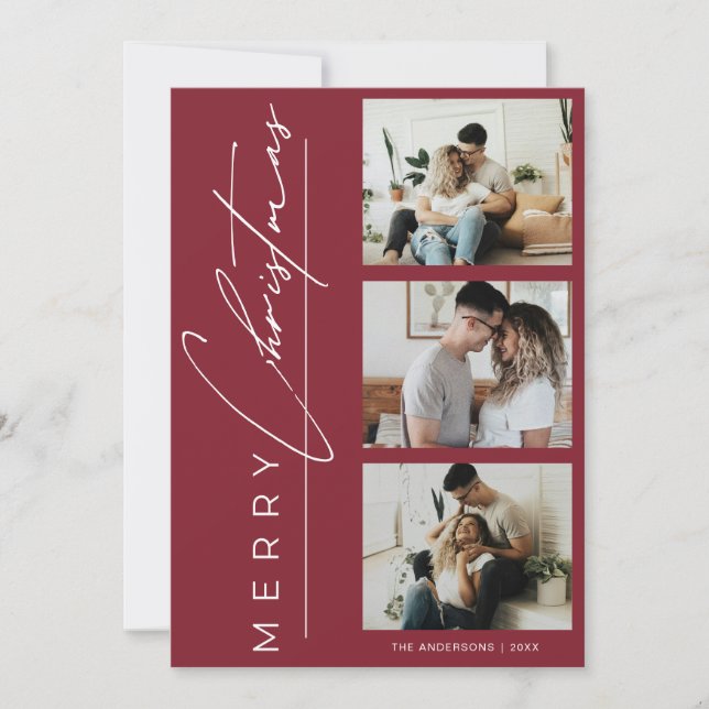 Modern 3 Photo Minimalist Red Christmas Script Holiday Card (Front)