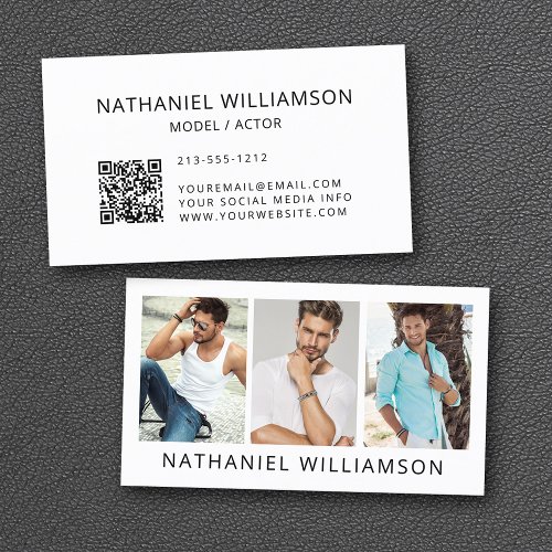 Modern 3 Photo Model and Actor QR Code Business Card