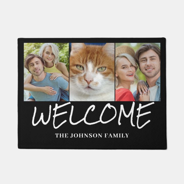 Modern 3 Photo Name Welcome Door Mat (Front)
