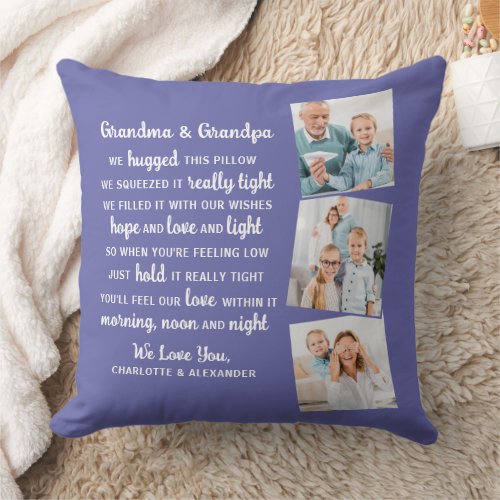 Modern 3 Photo Personalized Grandma Grandpa Poem Throw Pillow