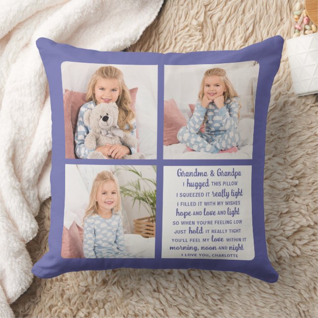 Modern 3 Photo Personalized Grandparents Poem  Throw Pillow (Blanket)