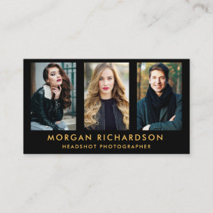 Modern 3 Photo Photographer Black Gold Business Card