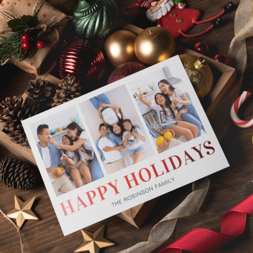 Modern 3 Photo Red Happy Holiday Card