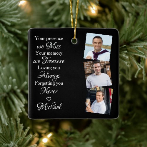 Modern 3 Photo Remembrance Keepsake Memorial  Ceramic Ornament