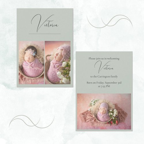 Modern 3 Photo Sage Green Baby Girl Birth Announcement