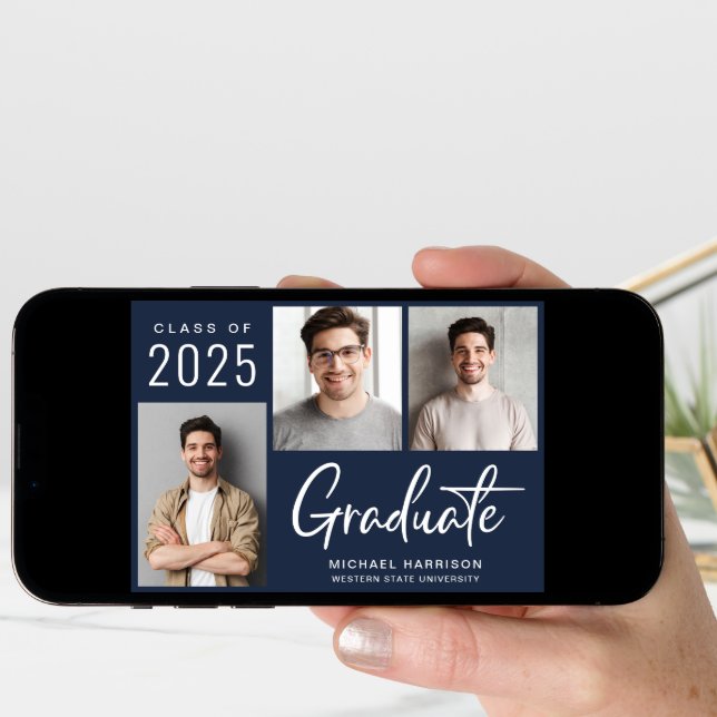 Modern 3 Photo Script Blue Graduation Announcement (Front Digital)