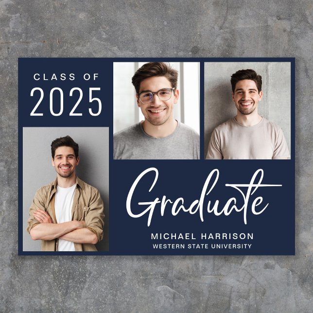 Modern 3 Photo Script Blue Graduation Announcement (Cherish the milestone: share your graduate's achievement with a custom photo graduation announcement)